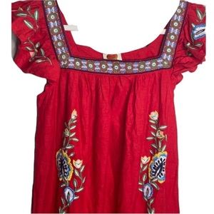 Anthropologie Farm Rio Embroidered Square Neck Red Maxi Dress Sundress LARGE